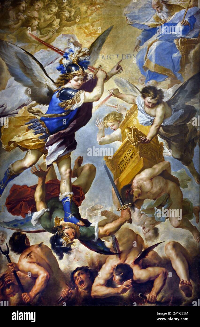 Der heilige Michael Erzengel, Der Die Rebel Angels Jagt, 1657 Luca Giordano 1634-1705 war ein italienischer Maler des Spätbarock, Italien, Stockfoto