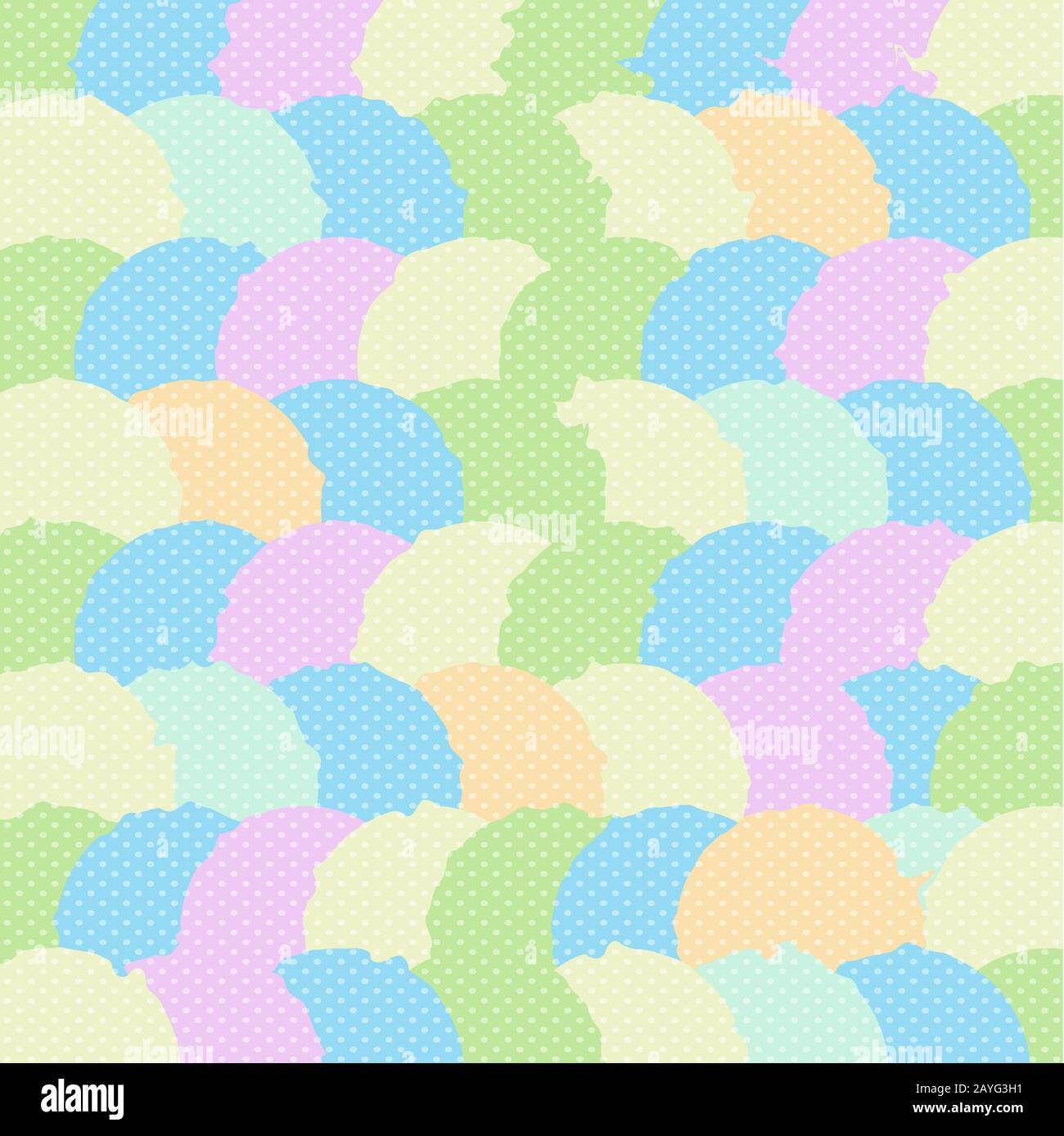 Abstraktes Geometrisches Muster mit Kreissegmenten und Polka Dots Schmuck aus Pastell Baby-Farben, Stoff oder Wickelpapier Drucken Rosa Blau Grün Orange A Stockfoto