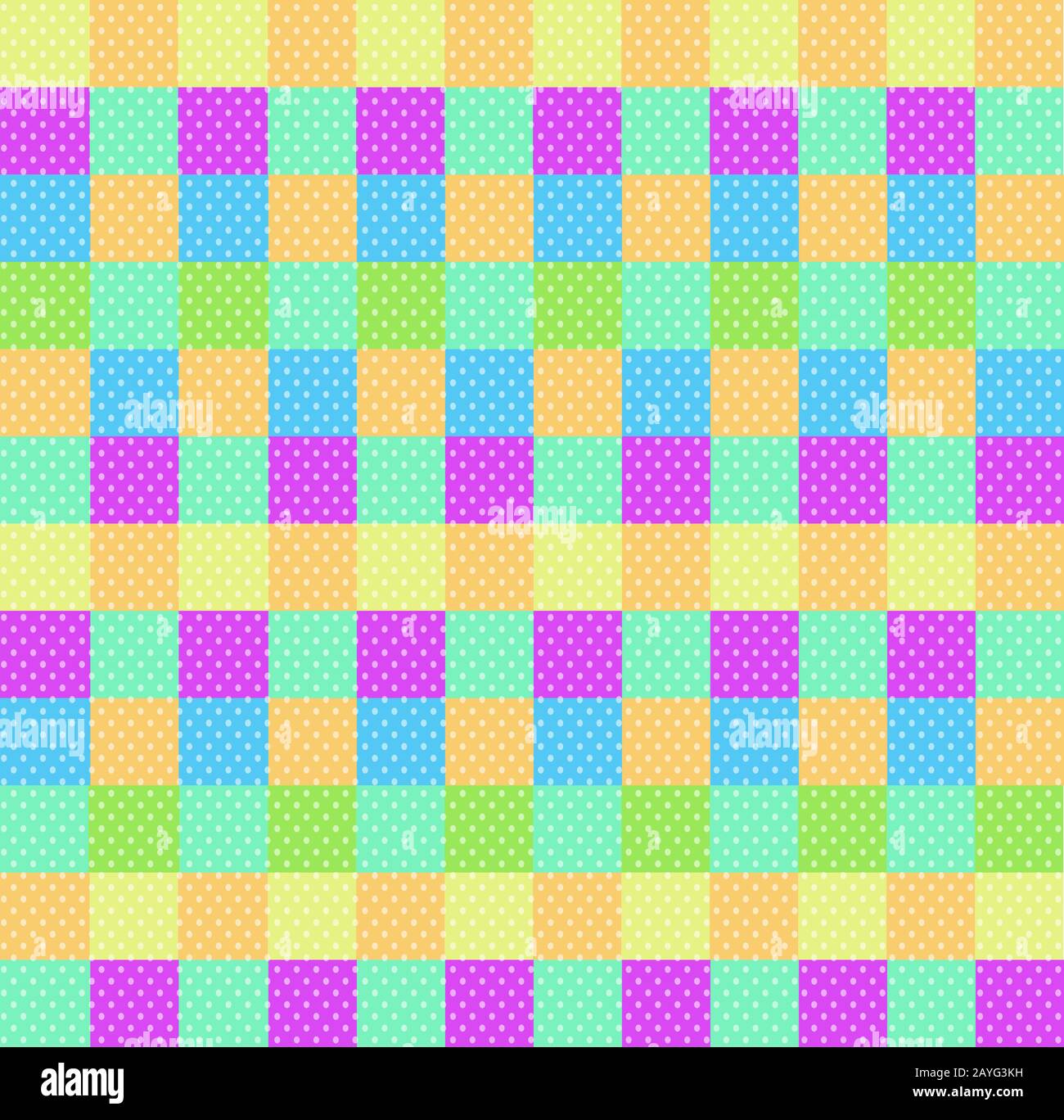 Polka Dot Feldung nahtlose Muster mit orange rosa blau gelb grüne Quadrate und Kontrollen. Pop Art Kulisse, Baby wallpaper Dusche, multic Stockfoto