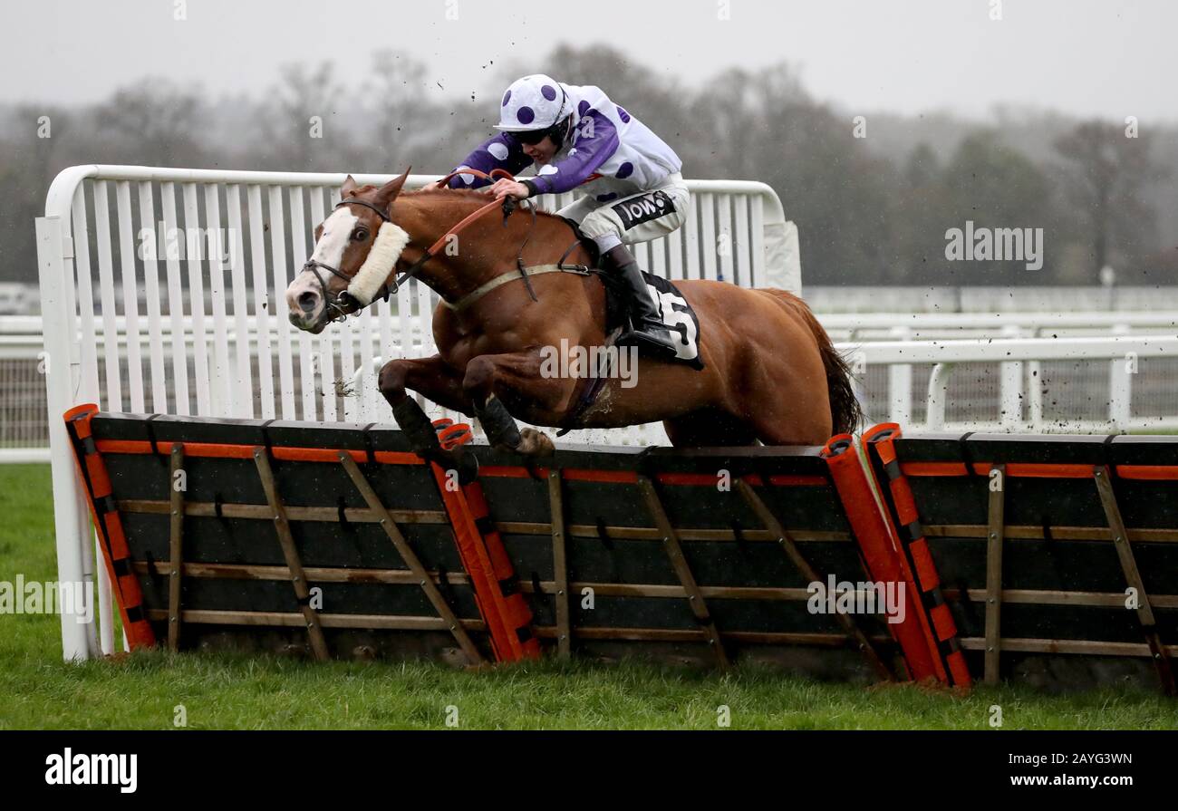 Nordano, der von Aidan Coleman geritten wird, springt den letzten auf seinem Weg zum Sieg im Handicap-Hürdenlauf "Give The Gift Of Ascot Annual Membership" während des Racedays von Betfair Ascot Chase auf der Rennbahn Ascot Racecourse. Stockfoto