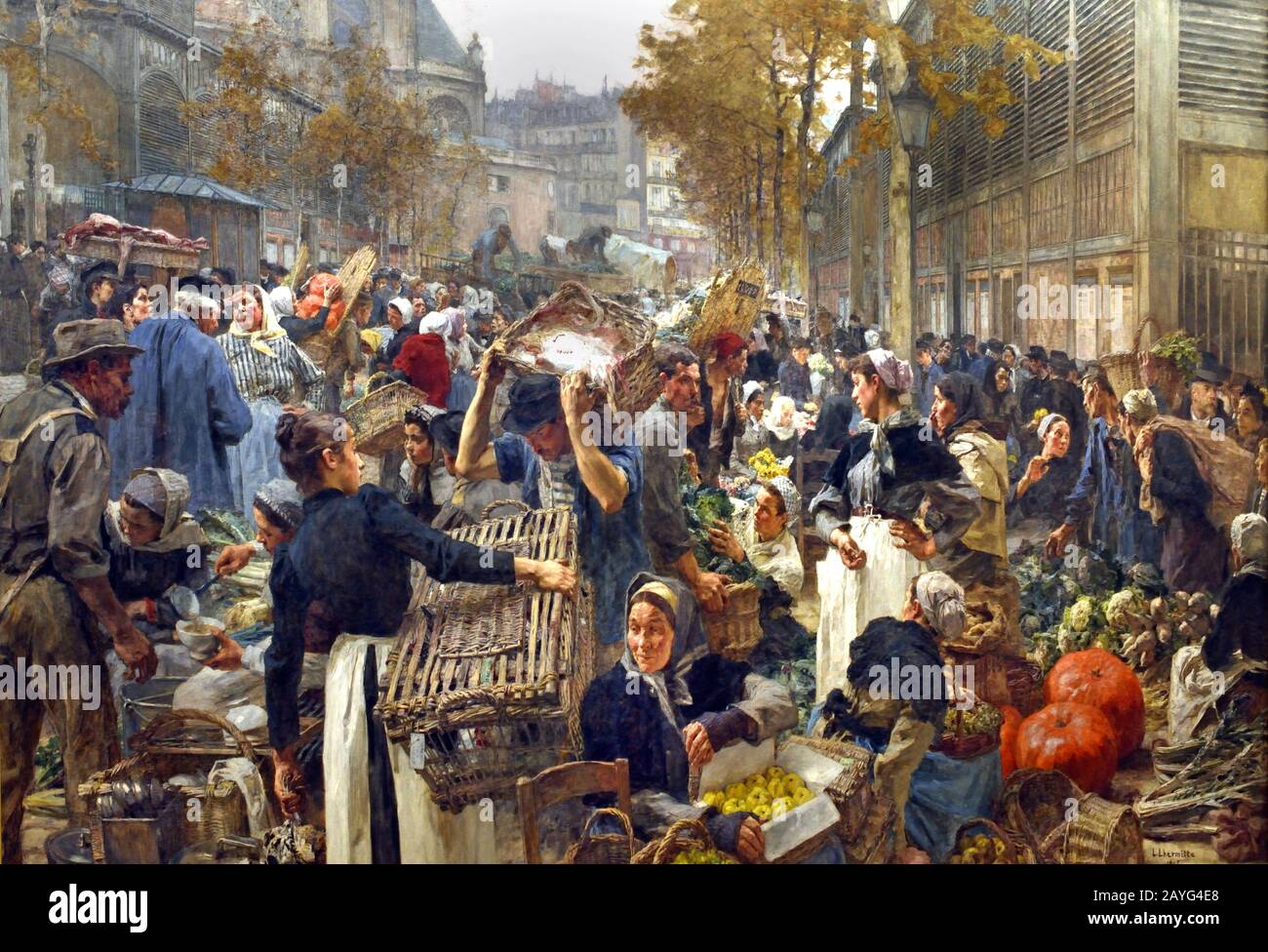 Les Halles 1895 Léon Lhermitte 1844-1925, Französisch, Frankreich. (Les Halles de Paris - Die Hallen, war Paris der zentralen Markt mit frischen Lebensmitteln. Das Hotel liegt im Herzen der Stadt, es wurde 1971 abgerissen und ersetzt mit dem Forum des Halles, einem modernen Einkaufszentrum) Stockfoto