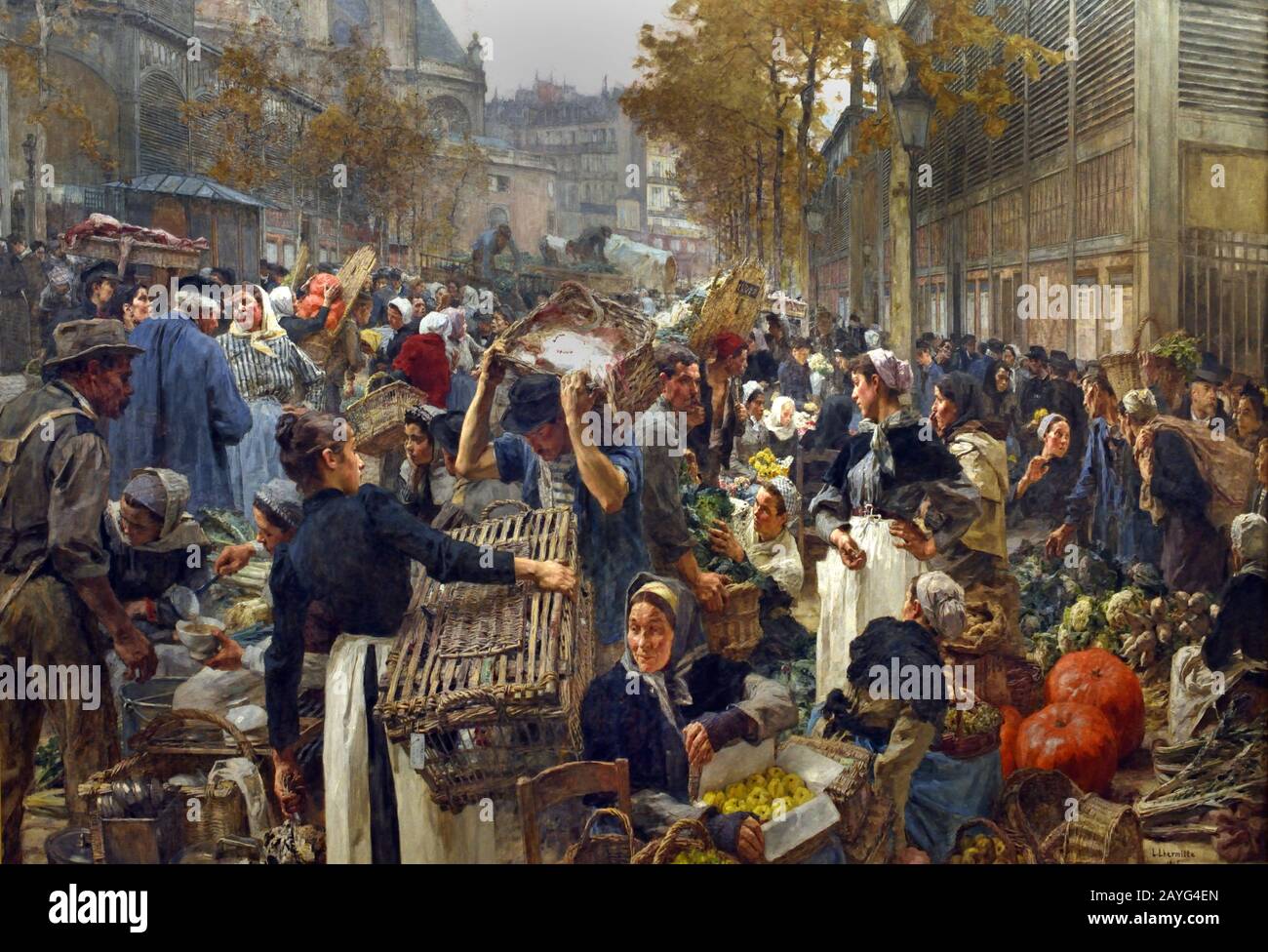 Les Halles 1895 Léon Lhermitte 1844-1925, Französisch, Frankreich. (Les Halles de Paris - Die Hallen, war Paris der zentralen Markt mit frischen Lebensmitteln. Das Hotel liegt im Herzen der Stadt, es wurde 1971 abgerissen und ersetzt mit dem Forum des Halles, einem modernen Einkaufszentrum) Stockfoto