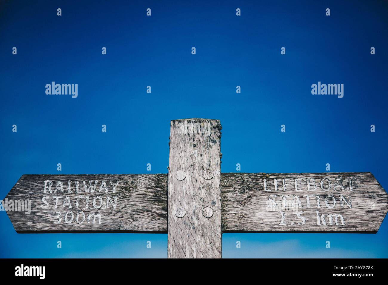 Holzschild in Dungeness, Kent Stockfoto