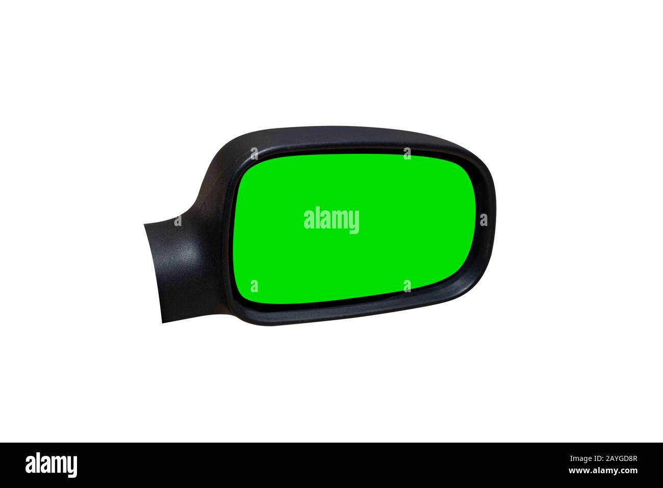 Seitenwagenspiegel mit grünem Bildschirm in der Mitte, isoliert auf weißem Hintergrund mit einem Beschneidungspfad. Stockfoto