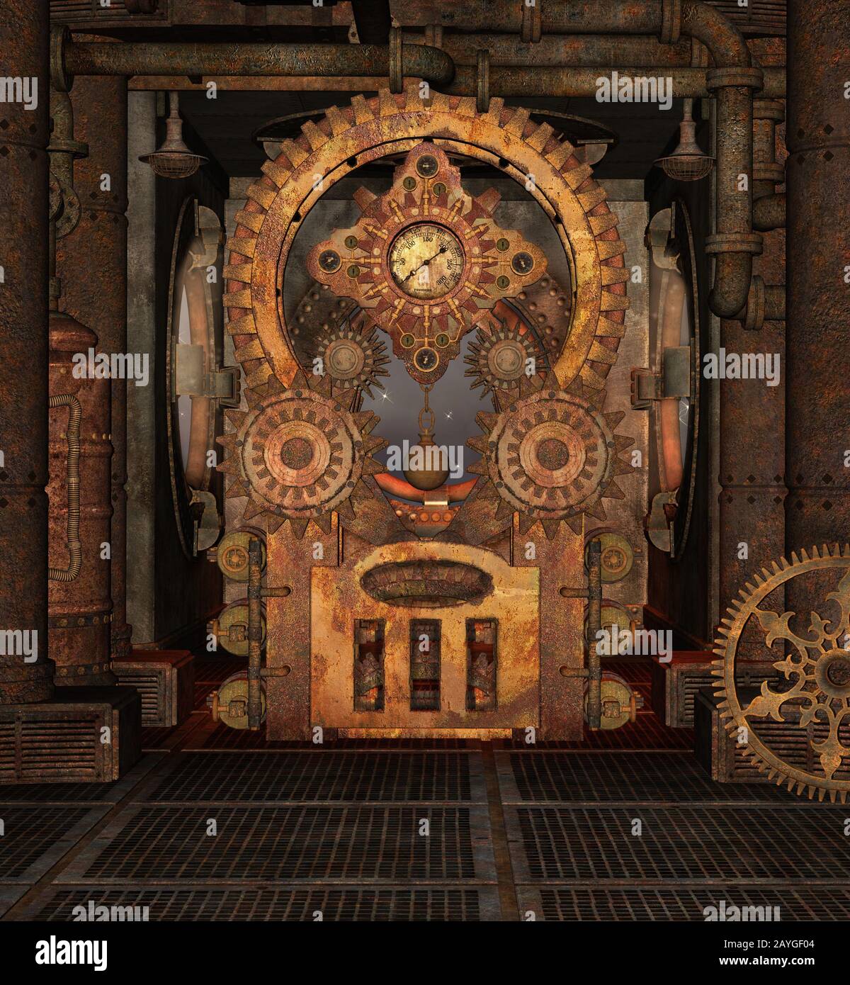 Steampunk rustiger Raum mit einem großen Zahnrad Stockfoto