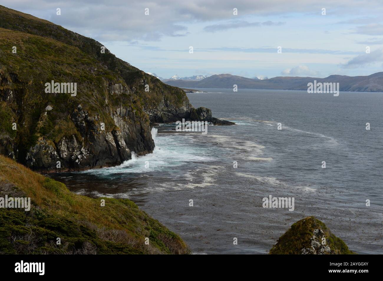 Blick auf die Küste von Kap Horn, die die südlichste Landspitze des Archipels Feuerland im Süden Chiles ist. Stockfoto