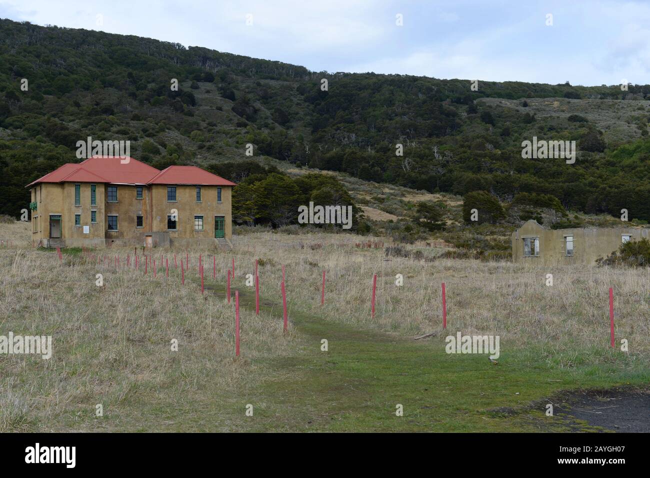 Überreste eines Hauses in Bahia Wulaia, einer Bucht am westlichen Ufer der Isla Navarino entlang des Murray Channel im Süden Chiles, wo Charles Darwin lande Stockfoto