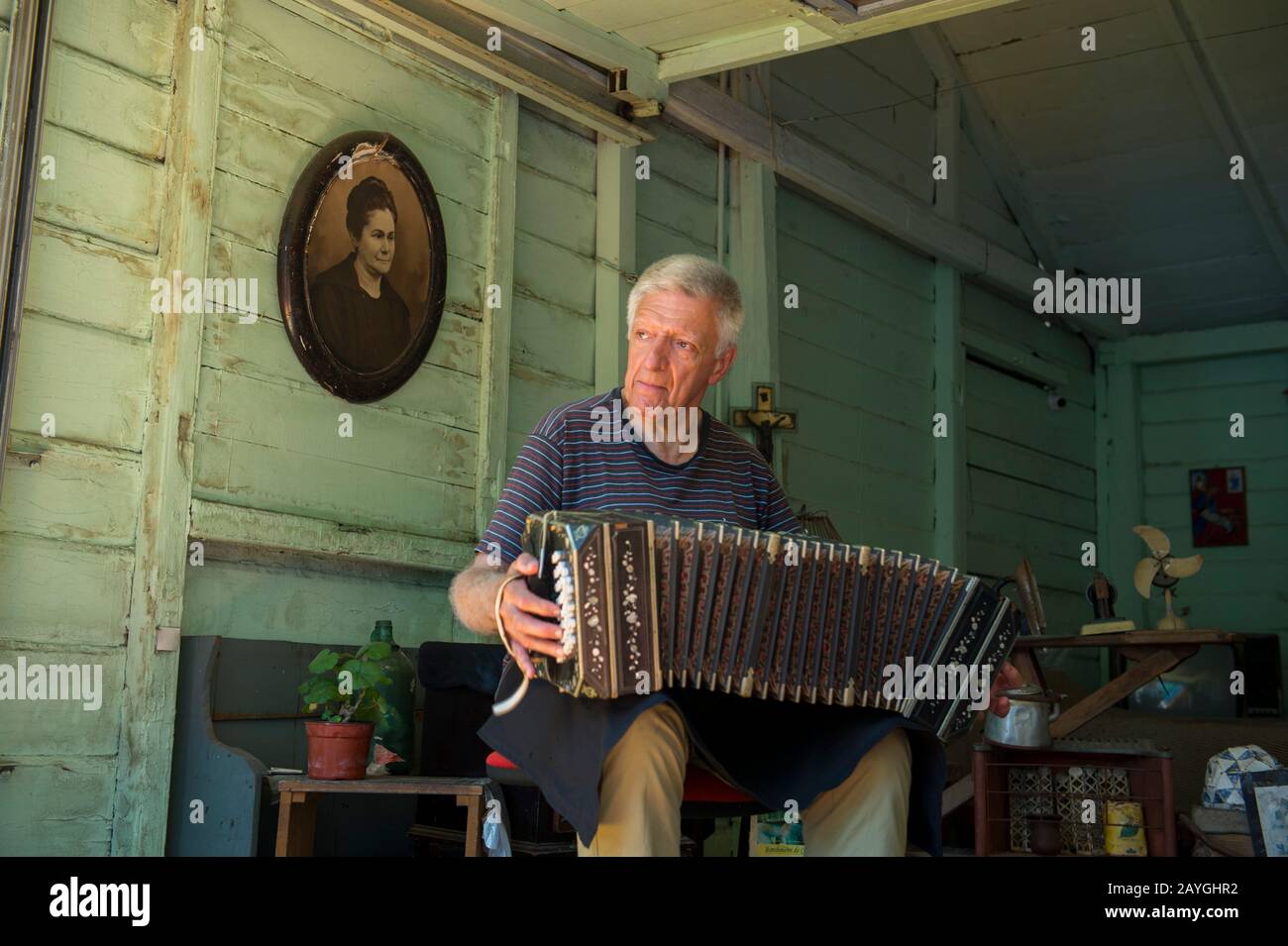 Ein Mann spielt ein Akkordeon in La Boca, einem Stadtviertel von Buenos Aires, das eine große Touristenattraktion in Buenos Aires, Argentinien, ist. Stockfoto