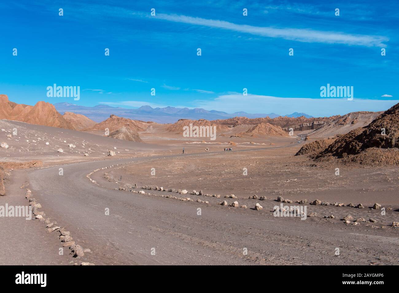 Die Straße durch das Tal des Mondes in der Nähe von San Pedro de Atacama in der Atacama-Wüste im Norden Chiles. Stockfoto