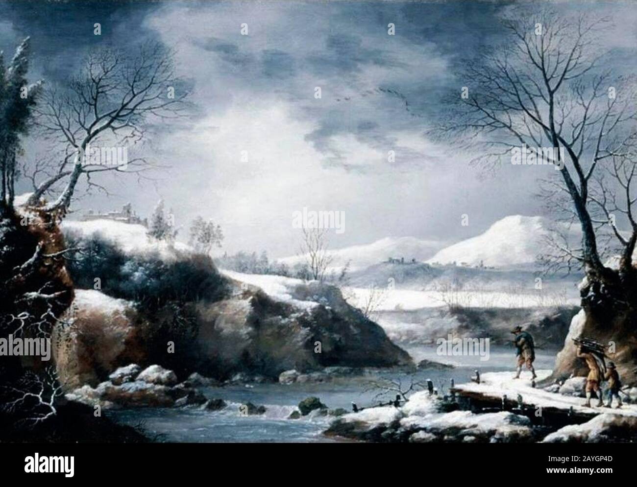 Francesco Foschi - EINE Winterlandschaft mit Figuren, die neben einem Fluss Holz tragen. Stockfoto