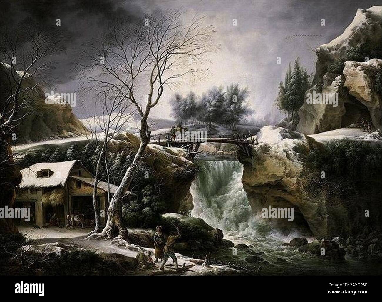 Francesco Foschi - EINE Winterlandschaft mit Wasserfall und Bauern, die Holz hacken. Stockfoto