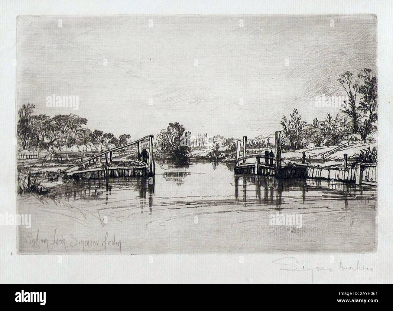 Francis Seymour Haden - Egham Lock 1859. Stockfoto