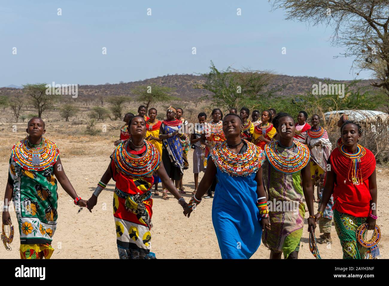 Samburu Frauen, die einen Willkommens-Tanz in einem Samburu Dorf in der Nähe des Samburu National Reserve in Kenia durchführen. Stockfoto