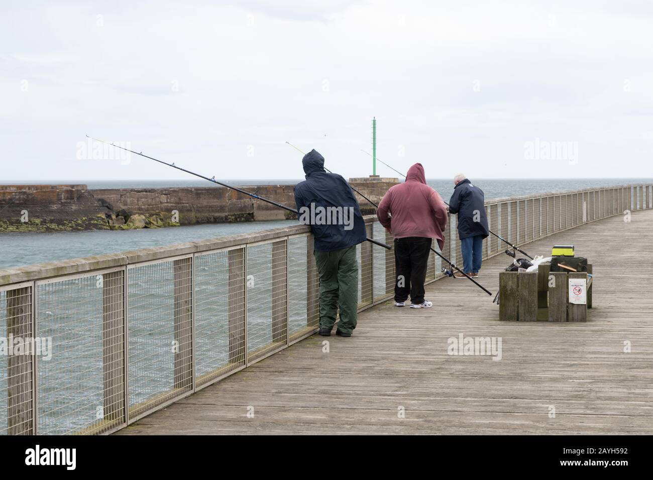 Angeln vom Pier in Amble, Northumberland Stockfoto