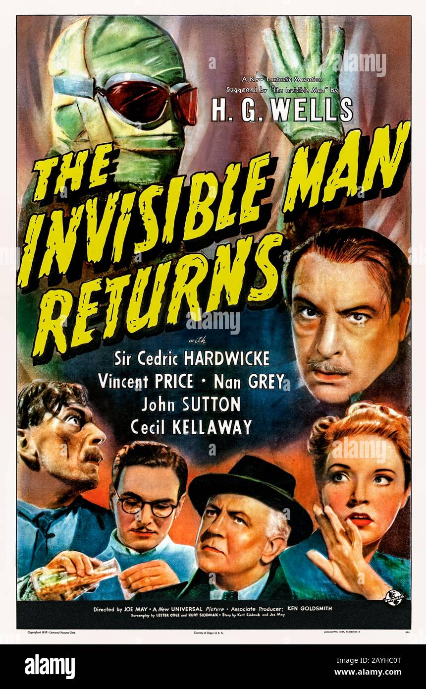 The Invisible Man Returns (1940) unter der Regie von Joe May und mit Sir Cedric Hardwicke, Vincent Price, Nan Gray, John Sutton und Cecil Kellaway in den Hauptrollen. Ein umrahmter Mörder nimmt eine Droge, um unsichtbar zu werden, aber ihr Nebeneffekt ist der allmähliche Abstieg in den Wahnsinn, kann er rechtzeitig ein Gegenmittel finden? Stockfoto