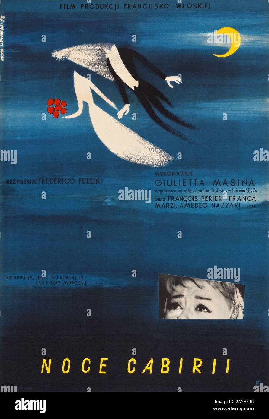 Original polnisches Filmplakat Die Nächte Von Cabiria aus dem Jahr 1958, Regisseur von Film Federico Fellini mit Giulieta Masina in der Hauptrolle. Stockfoto