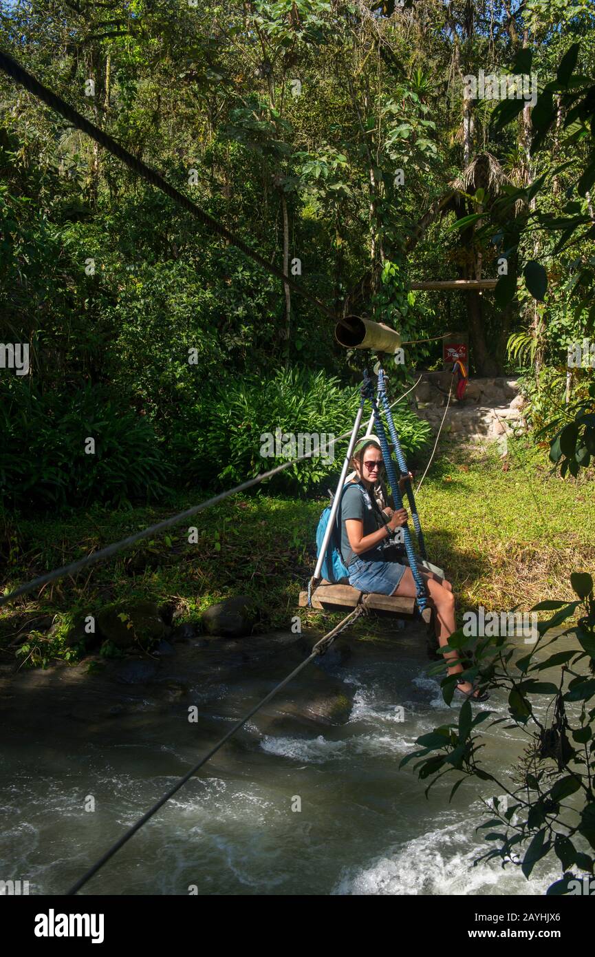 Menschen, die den Fluss Mindo mit einer Seilbahn zur El Monte Sustainable Lodge in den Nebelwäldern von Mindo, in der Nähe von Quito, Ecuador, überqueren. Stockfoto