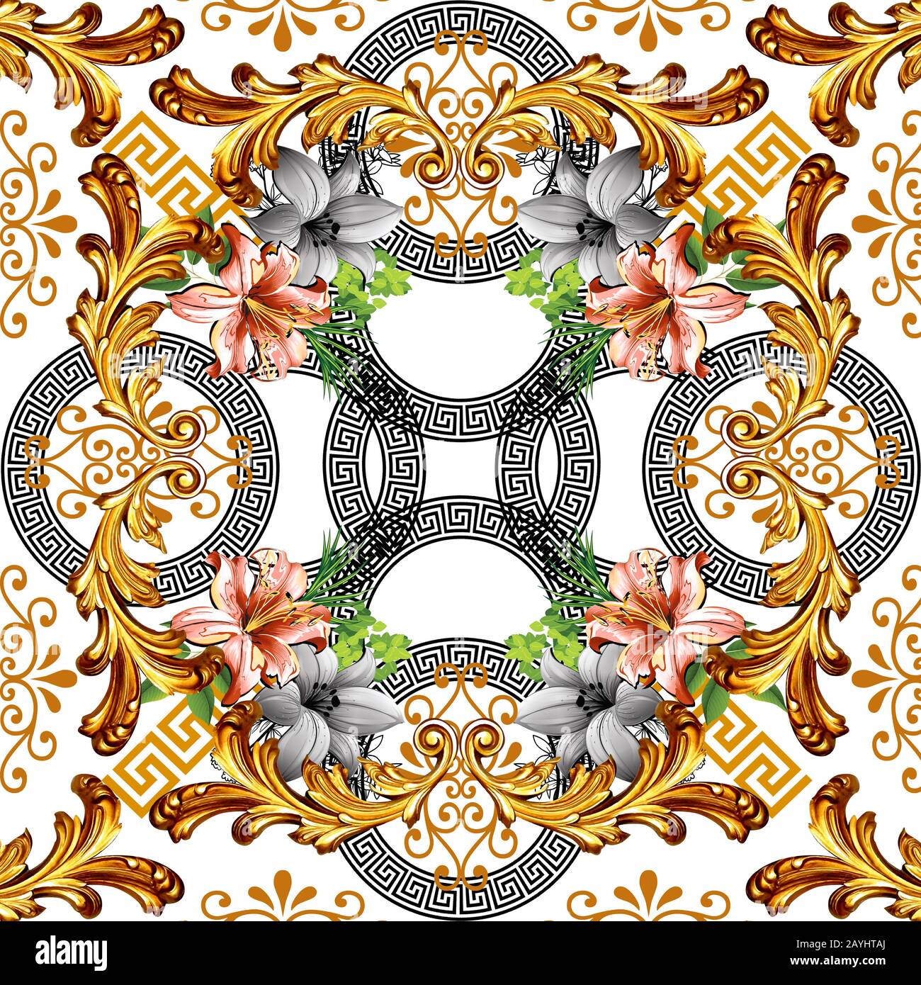 Goldbarock mit griechischem nahtlosem Muster Stockfoto