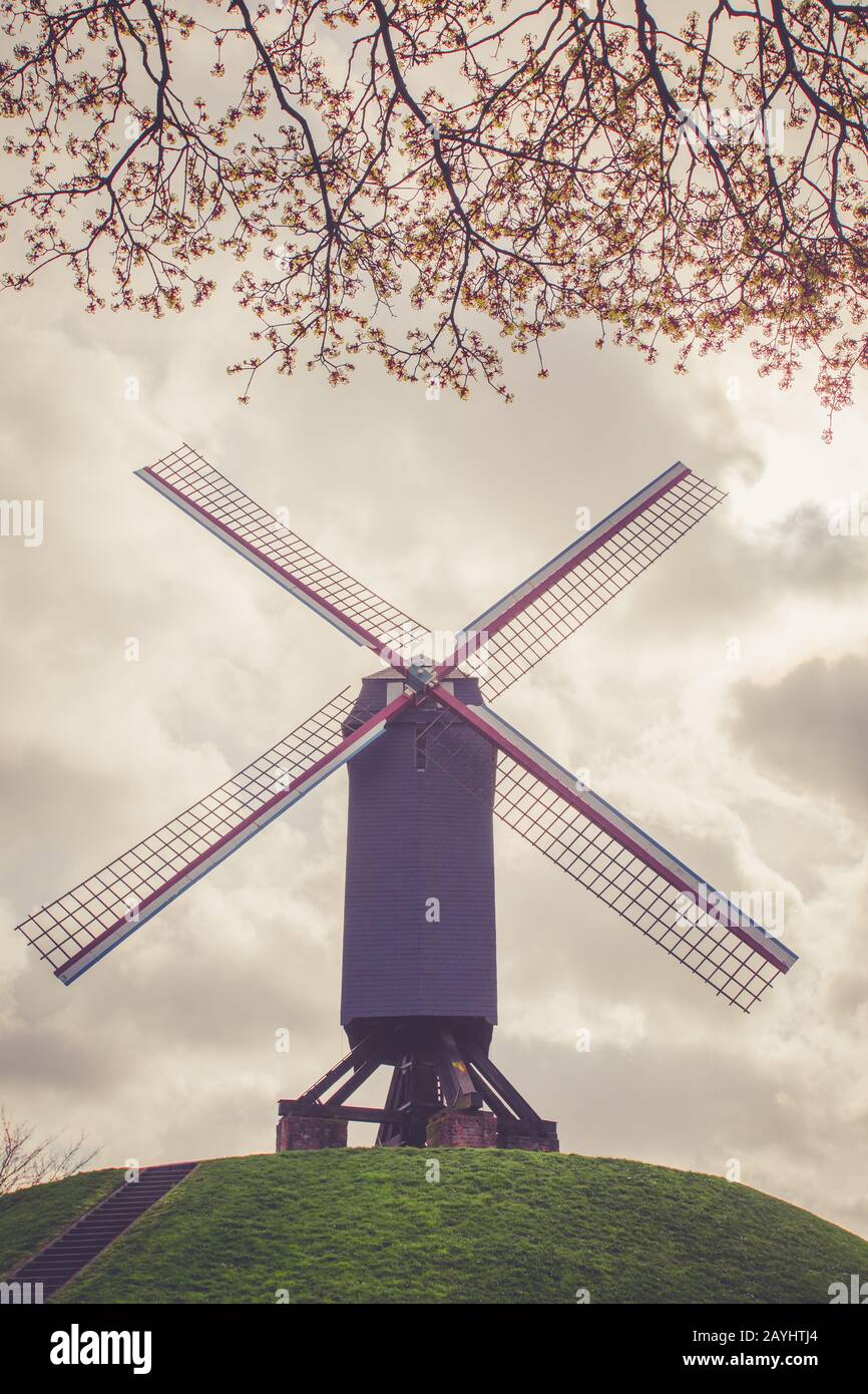 Traditionelle Holzwindmühle. Umweltfreundliches Energiekonzept. Umweltschutzkonzept. Stockfoto