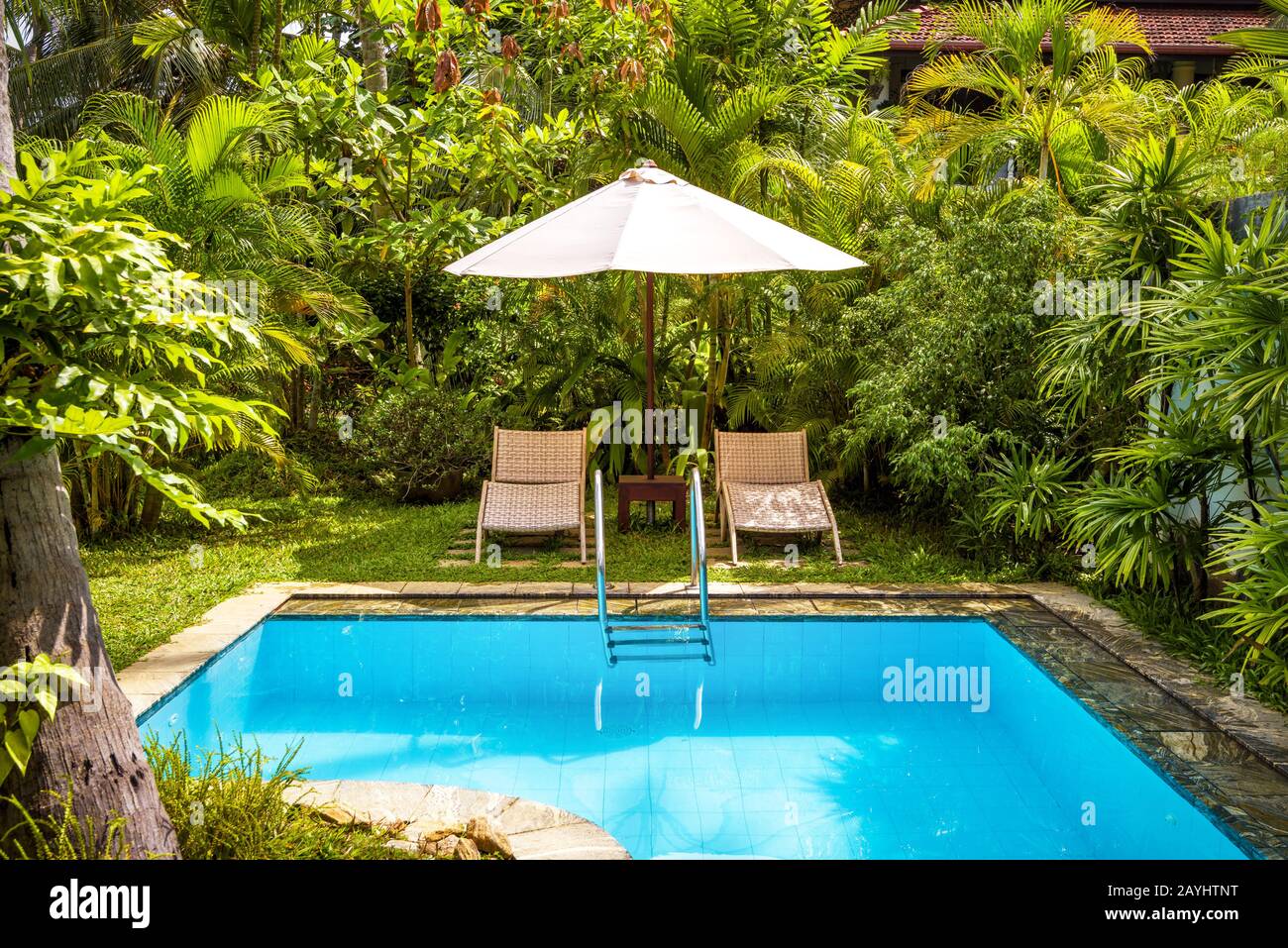 Pool mit Sonnenschirm und Strandbetten in einem tropischen Hotel Stockfoto