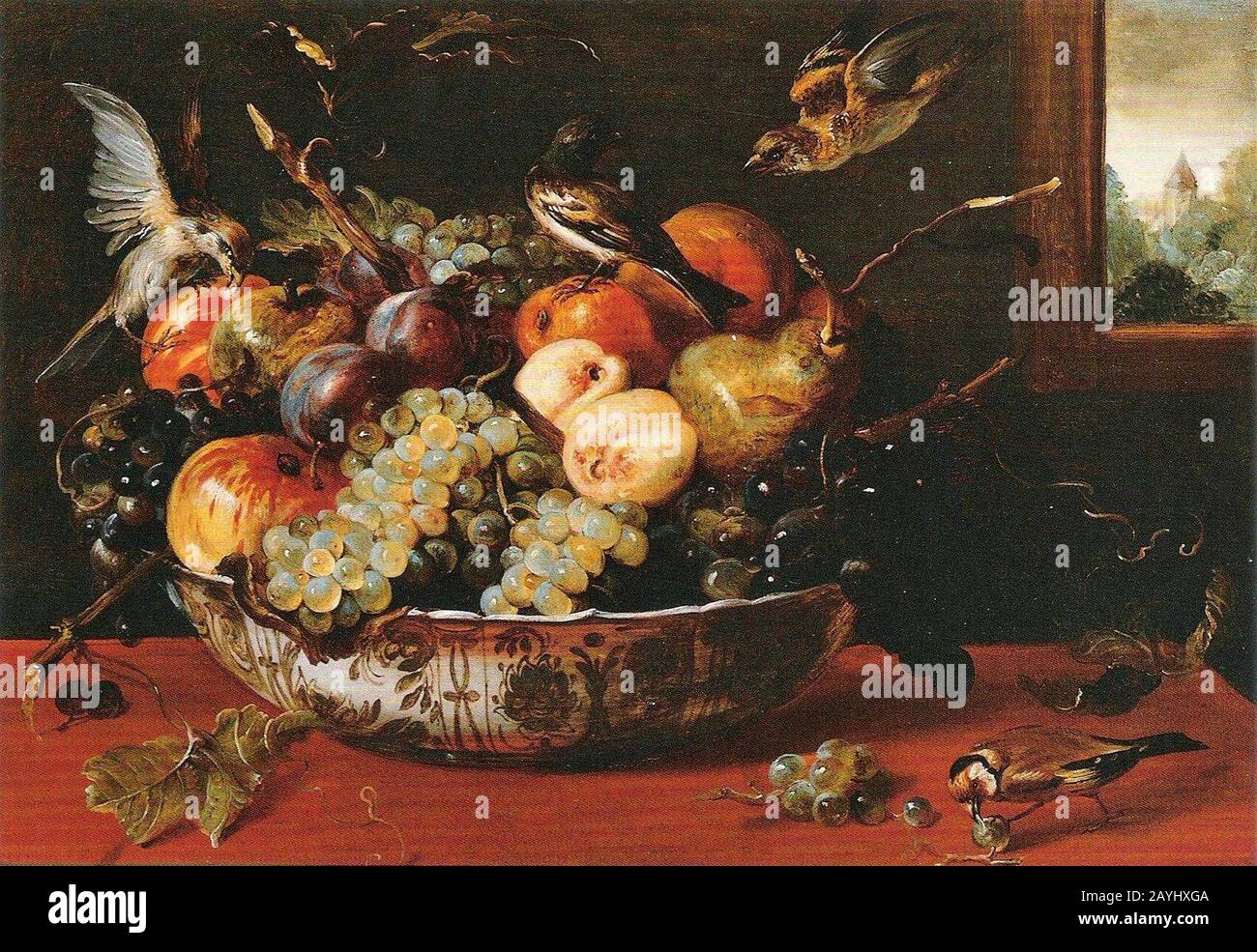 Frans Snyders - Stillleben mit Obstschale, Völgeln und Fensterausblick. Stockfoto