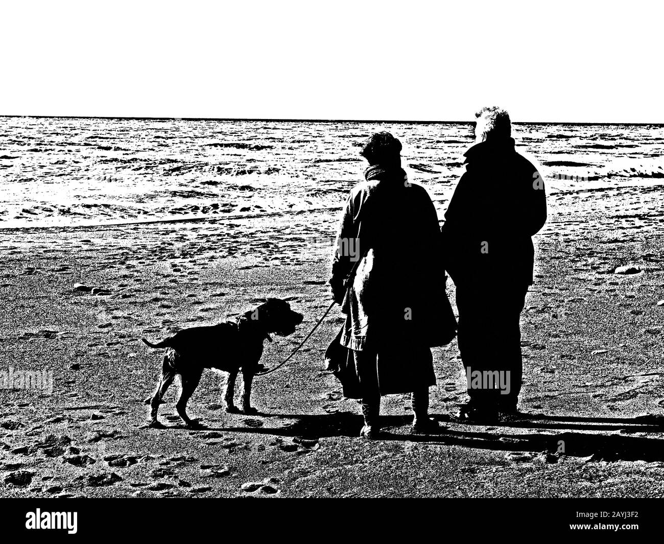 Mann und Frau, die an einem Strand stehen und mit einem Hund an der Leine ins Meer schauen Stockfoto