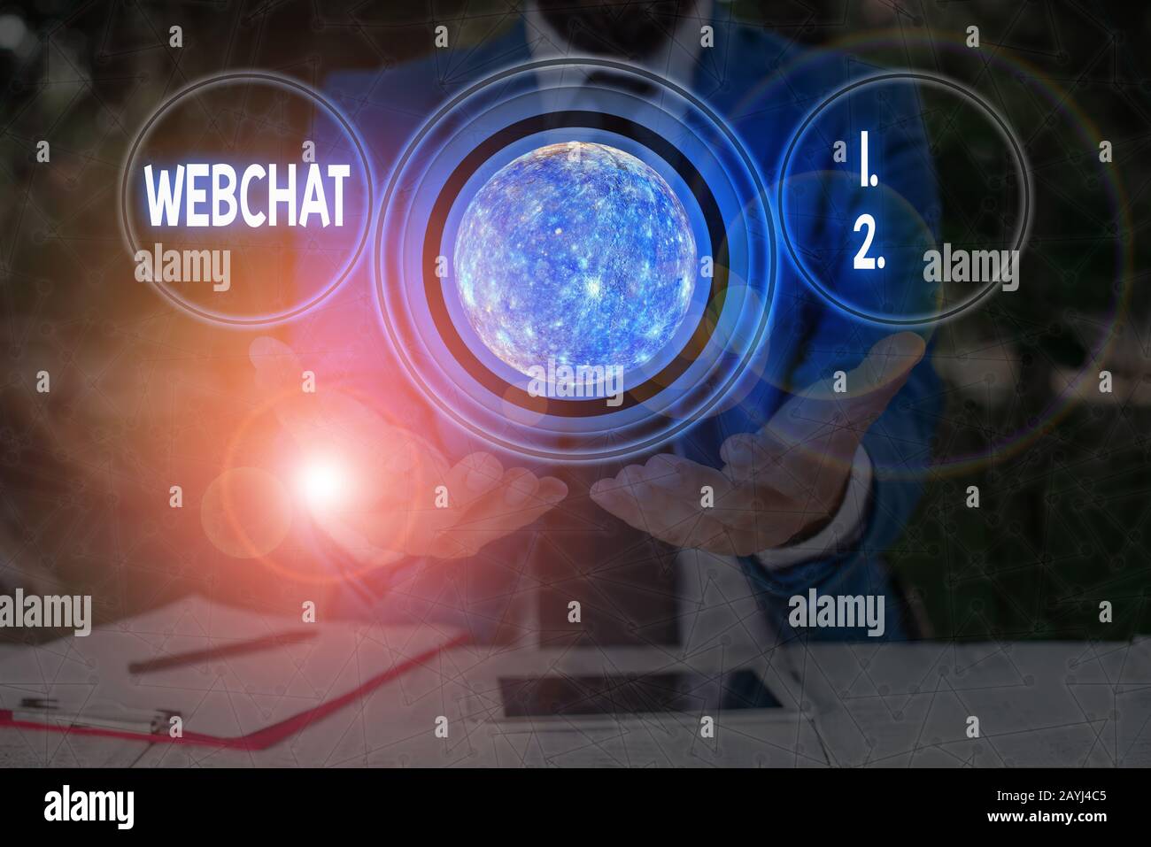 Textzeichen mit Webchat. Business Photo Textsystem, mit dem Benutzer in Echtzeit über Internetelemente dieses Bildes kommunizieren können, das von zur Verfügung gestellt wird Stockfoto