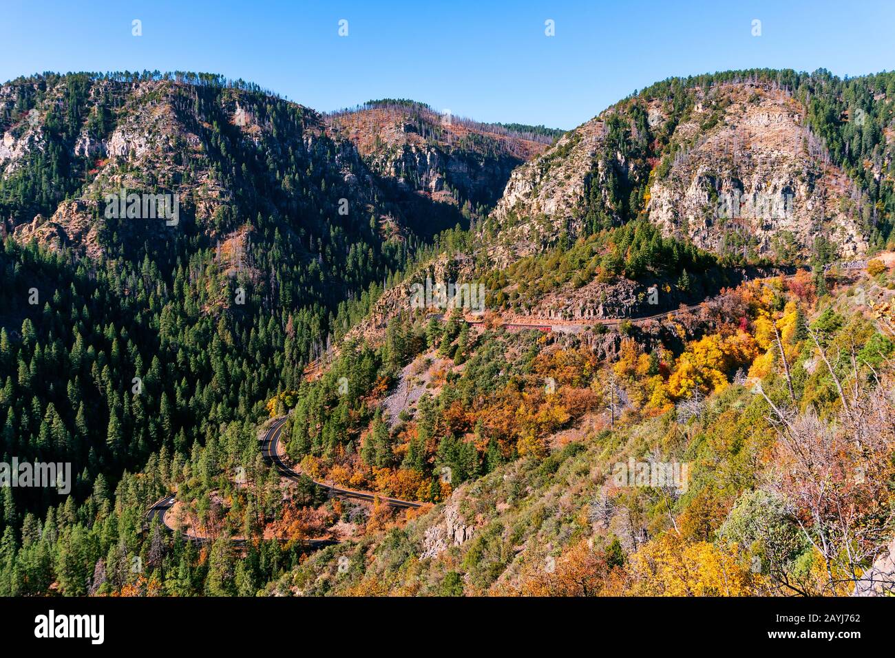 Landschaftlich schöner Blick auf den Oak Creek Canyon und den Highway 89A zwischen Sedona und Flagstaff, Arizona Stockfoto