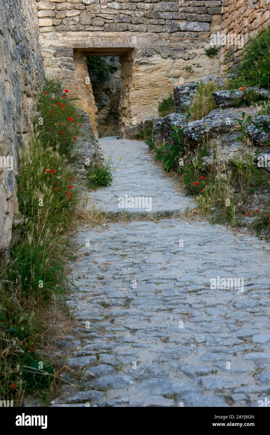 Der Kopfsteinpflaster zum Chateau de Lacoste im Hangdorf Lacoste im Luberon in der Region Provence-Alpen-Cote d Azur in Southe Stockfoto