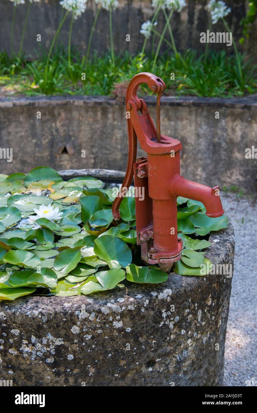 Ein Brunnen mit einer roten Handpumpe und Seerosen im Garten von La Bastide de Moustiers, ein Haus, das zu einem Hotel umgebaut wurde, in Moustiers-Sainte-Marie, A Medic Stockfoto