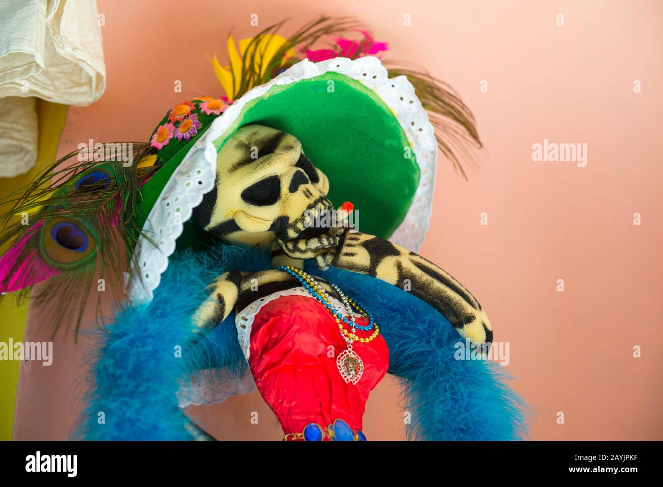 Skelett ist für den Tag der Toten (Dia de Muertos) in Oaxaca City, Mexiko verkleidet. Stockfoto