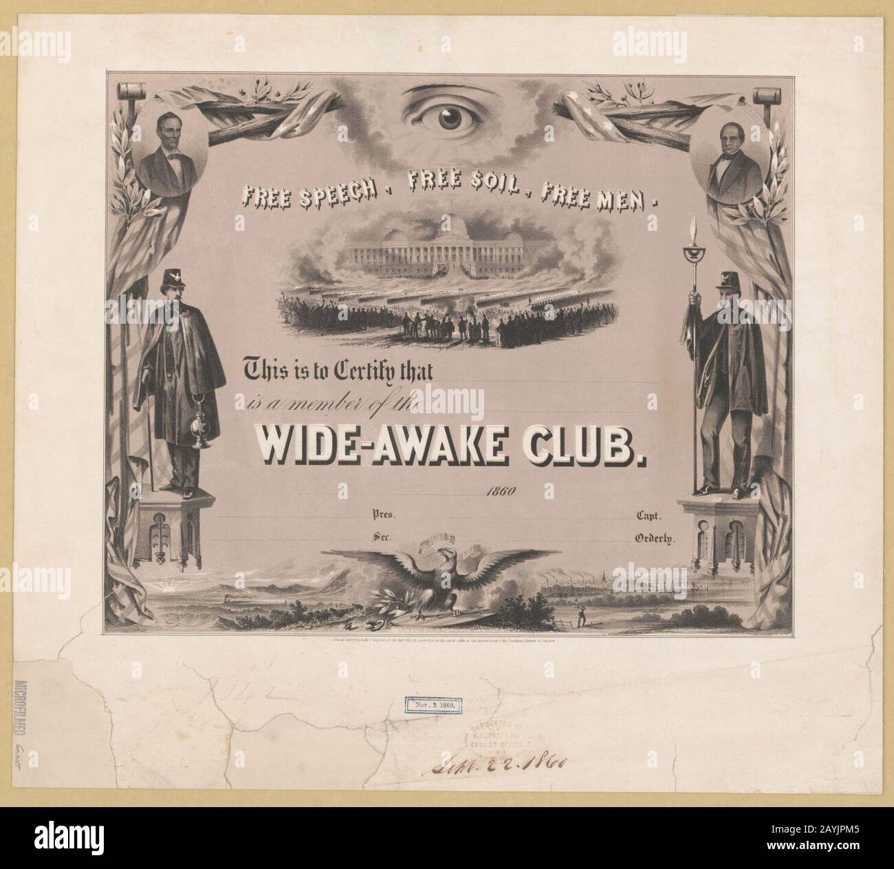 Freie Rede, freier Boden, freie Männer. Damit soll bestätigt werden, dass (leer) Mitglied des (leeren) Wide-wake Clubs ist Stockfoto