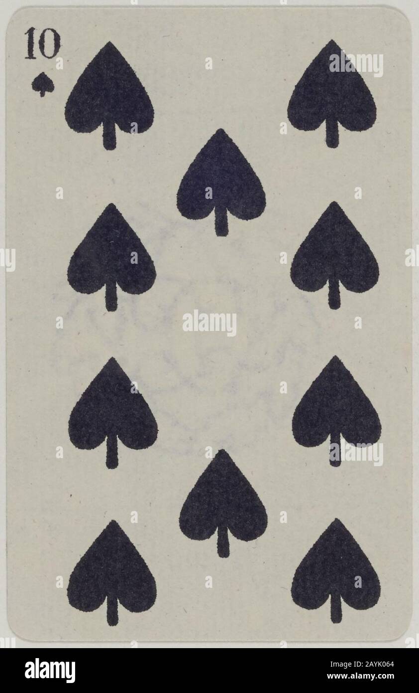 Französisches Kartendeck im Porträt - 1850 - 10 von Spades. Stockfoto