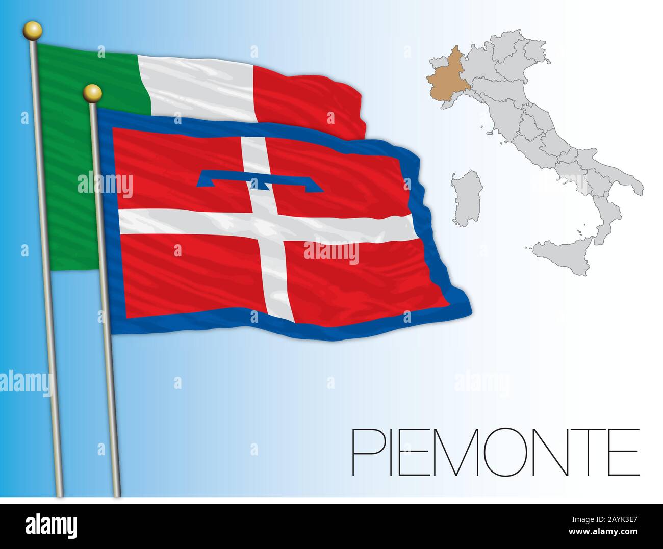 Piemonte offizielle regionale Flagge und Karte, Italien, Vektorgrafiken Stock Vektor