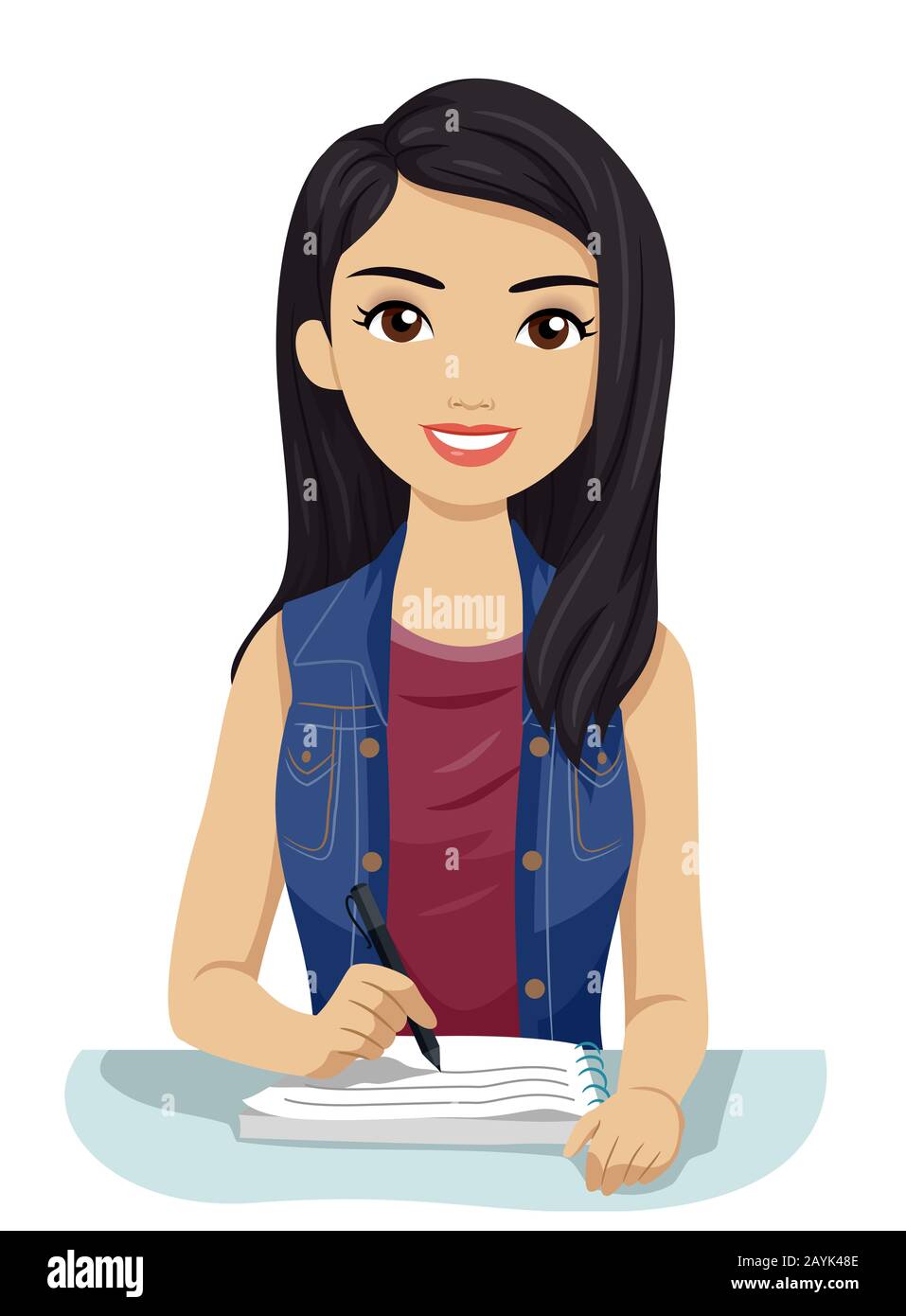 Illustration eines südostasiatischen Teenager-Girl-Studenten, Der Notizen Aufschreibt und Studiert Stockfoto
