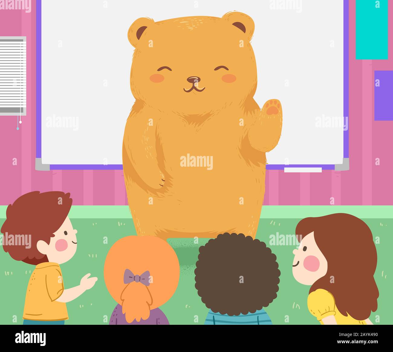 Abbildung: Ein großes, Gefülltes Spielzeugbär-Maskottchen Winkt Kindern vor der Klasse Stockfoto