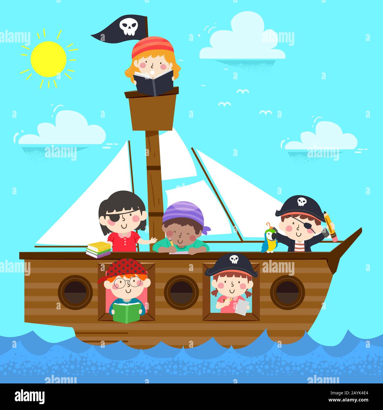 Abbildung: Kinder, Die Piratencostume auf einem Schiff Tragen, Das Ein Buch Liest Stockfoto