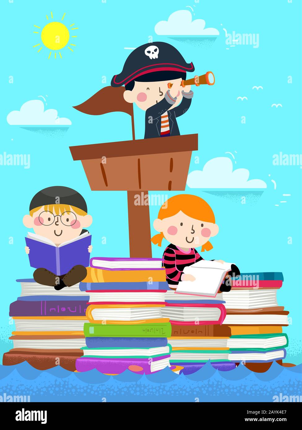 Abbildung: Kinder, Die Piraten-Kostüm-Segeln auf einem Schiff Aus Stapeln von Büchern tragen Stockfoto