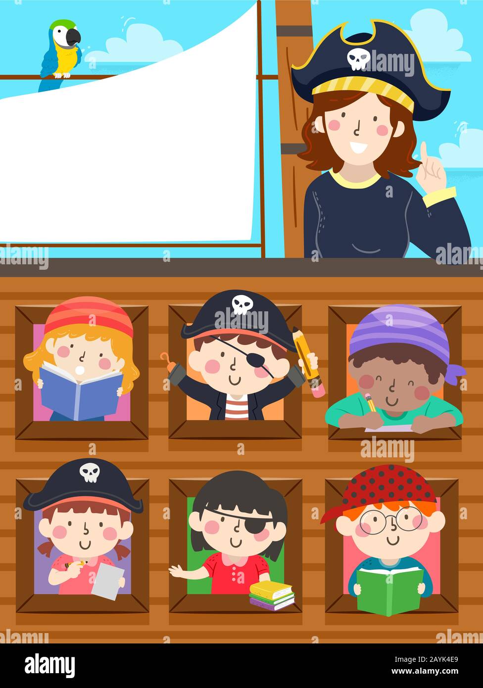 Abbildung: Kinder- und Mädchen-Lehrer Mit Piratenkostüm, Das In einem Schiff Studiert Stockfoto