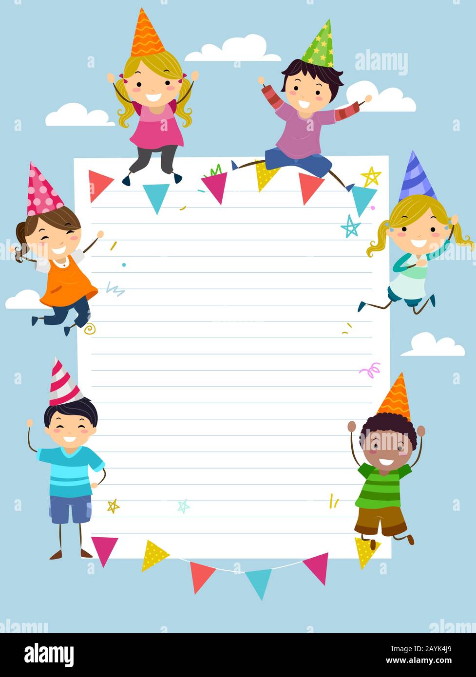 Abbildung: Stickman Kinder, Die Geburtstagshats mit Pennant und Blank Paper Invitation Design Tragen Stockfoto