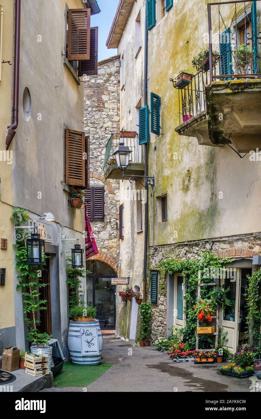 Idyllische Gassen in der mittelalterlichen Stadt Radda in Chianti, geprägt von engen Gassen und Turmbauten, Chianti-Region, Toskana, Italien Stockfoto