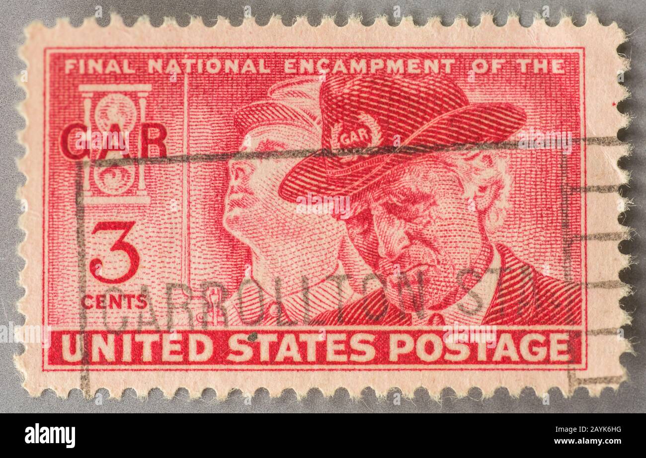 Eine US-Briefmarke von 1949, die den Endgültigen nationalen Eingriff der Grand Army of the Republic (gar) aufzeichnet Stockfoto