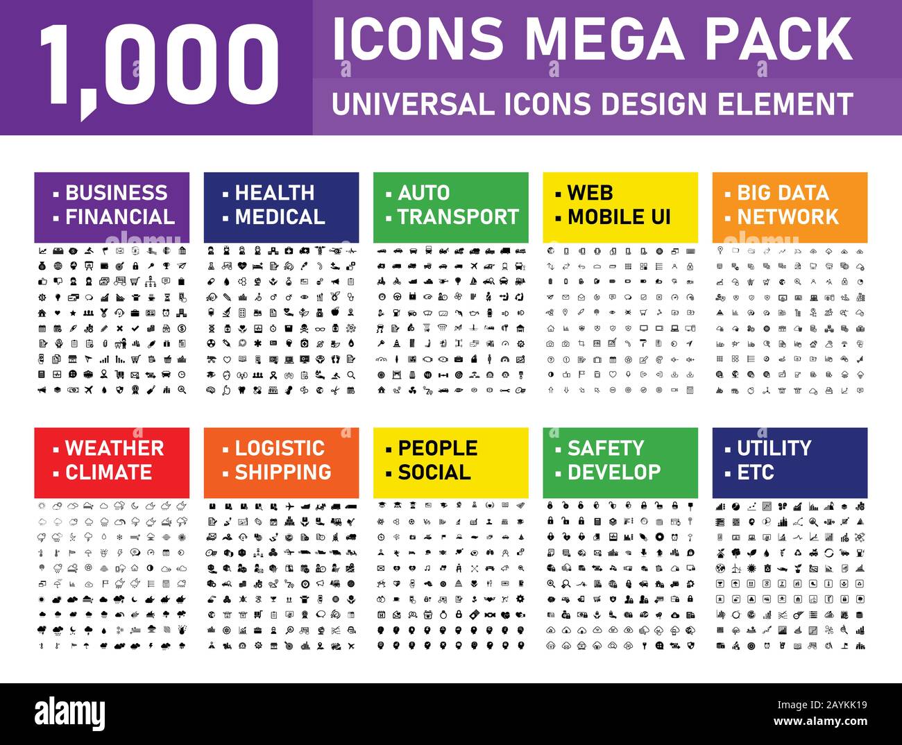 Vektordarstellung von 1000 Icons Pack für Business, Finance, Banking, Big Data, Netzwerk, Social Media, Technologie, SEO, Logistic, Education, People, Stock Vektor
