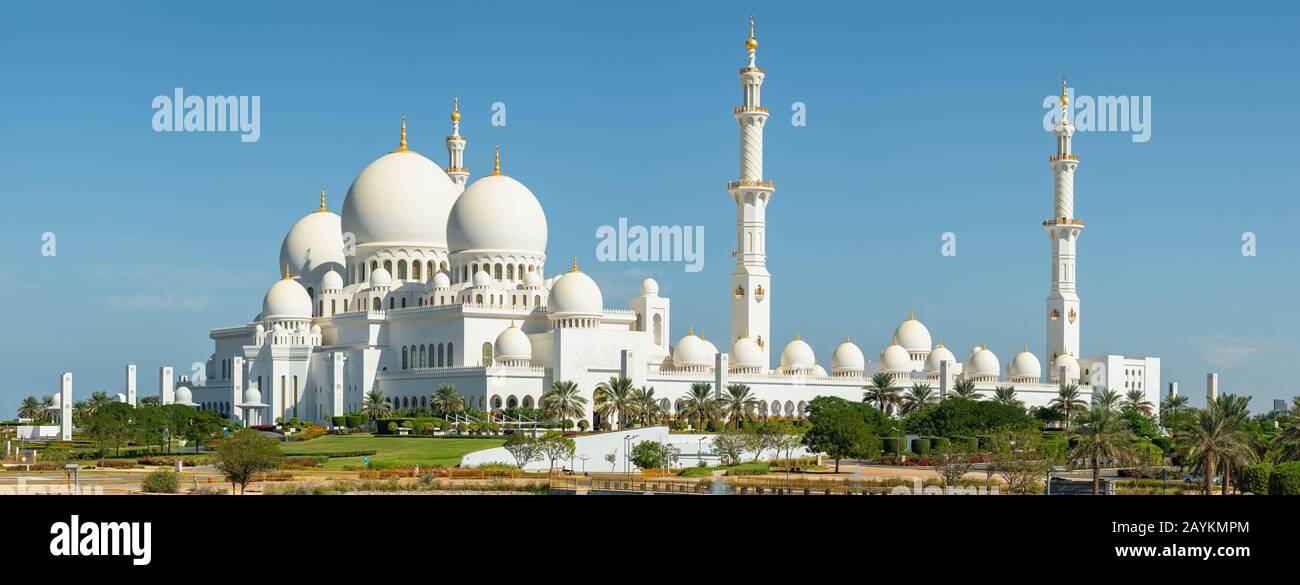 Panorama der Scheich Zayed Grand Moschee in Abu Dhabi, VAE Stockfoto