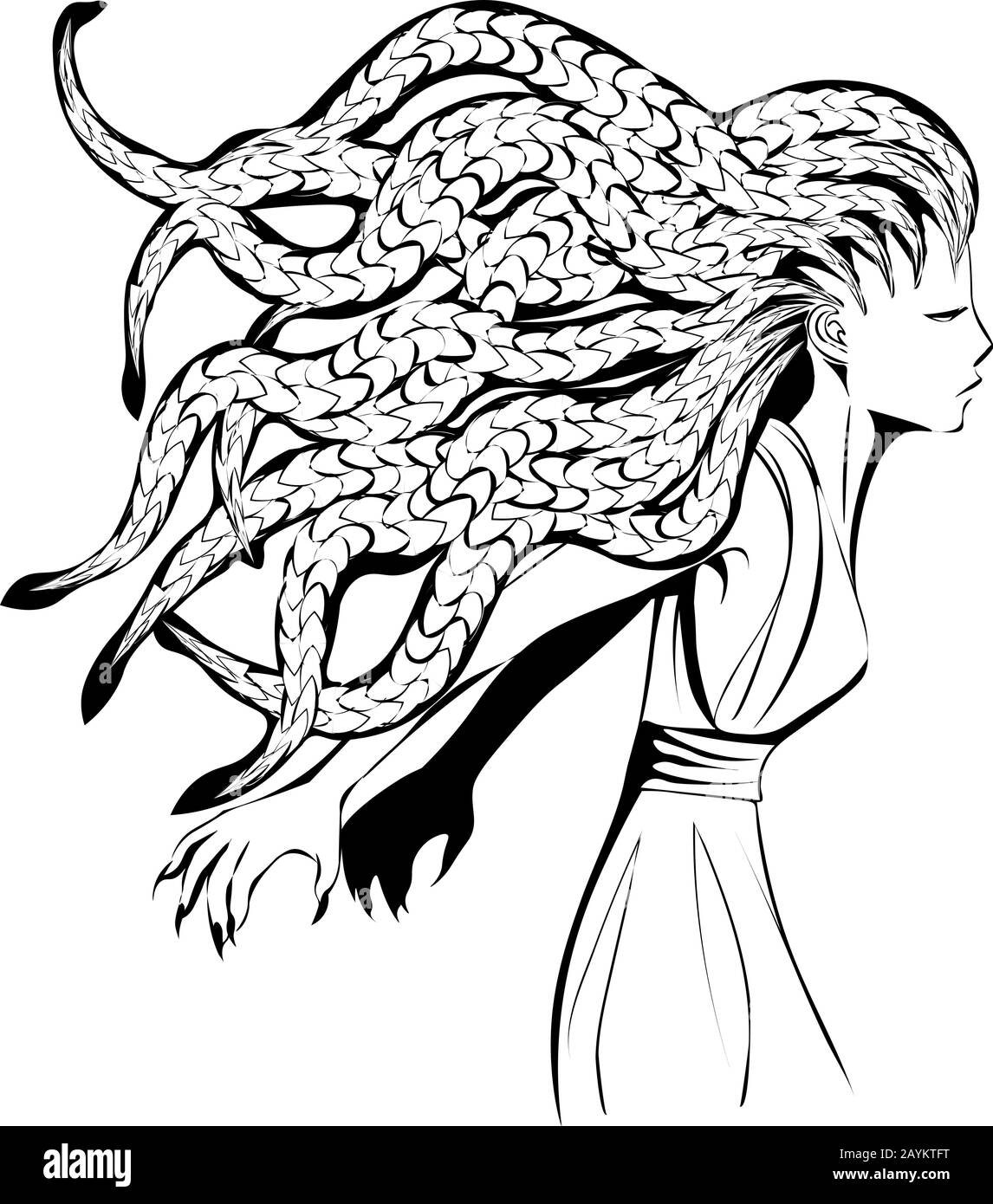 Schwarz-Weiß-Profil des Angriffs auf die griechische Mythenmedusa, Frau mit Schlangen auf dem Kopf Stock Vektor