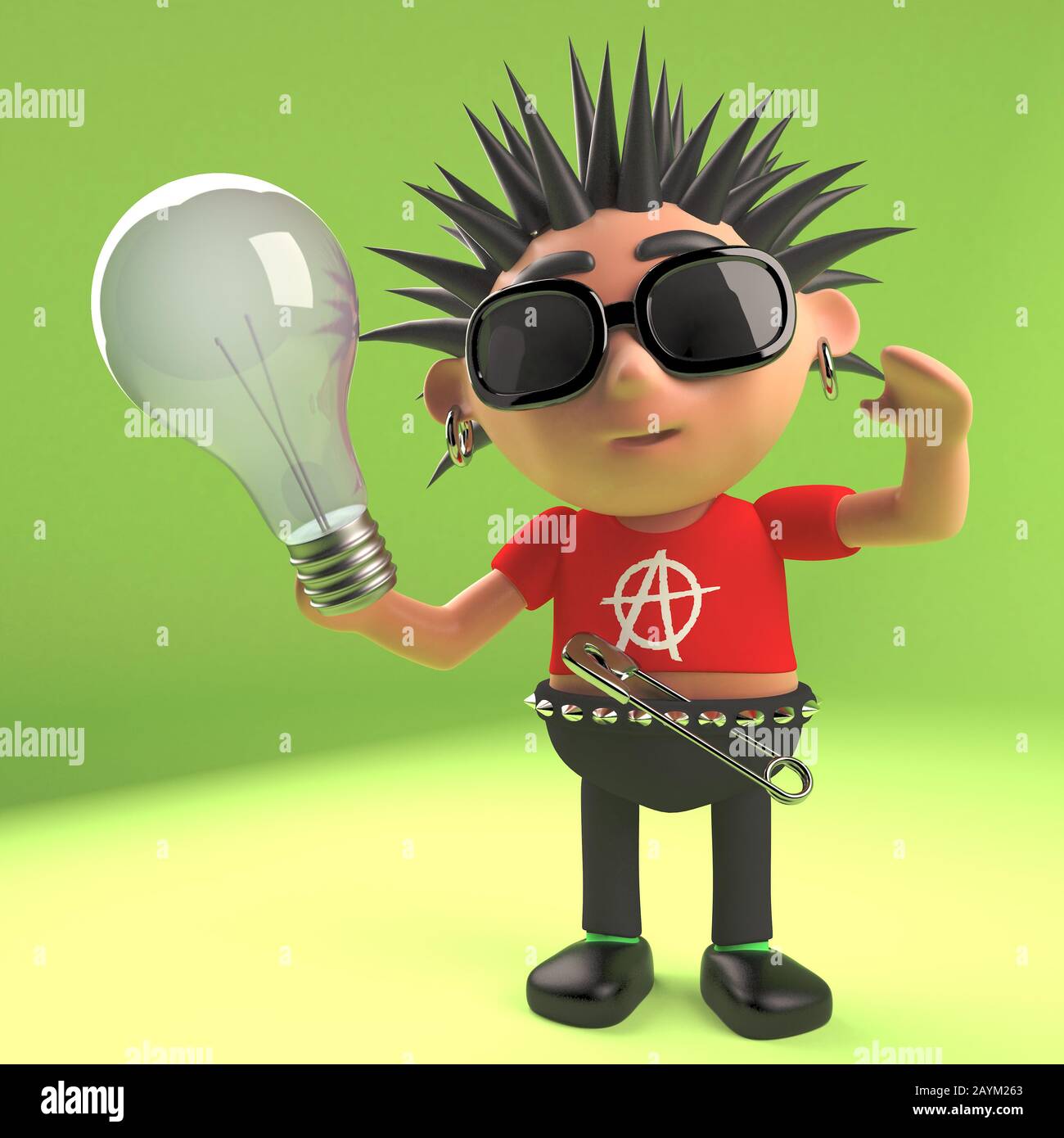 Crazy Punk-Rocker mit einer Glühbirne, 3D-Illustrations-Rendering Stockfoto