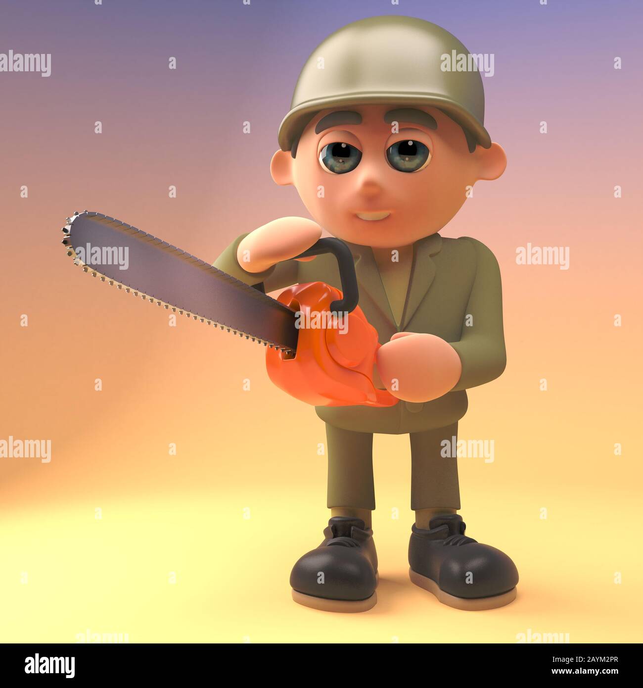 Zeichentrick-Armeesoldat mit einer Kettensäge, 3D-Illustrationsrender Stockfoto