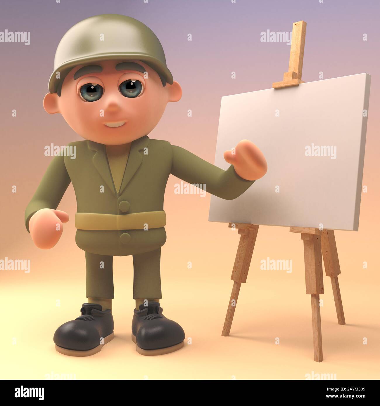 Mutiger Armeesoldat, der vor einer leeren Staffelei steht, 3D-Illustration Stockfoto
