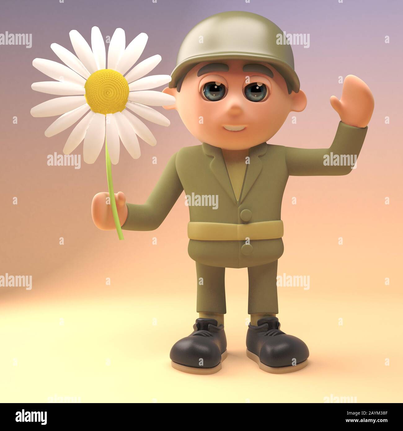 Heldenhafter Armeesoldat, der eine Blume hält, 3D-Illustration rendert Stockfoto