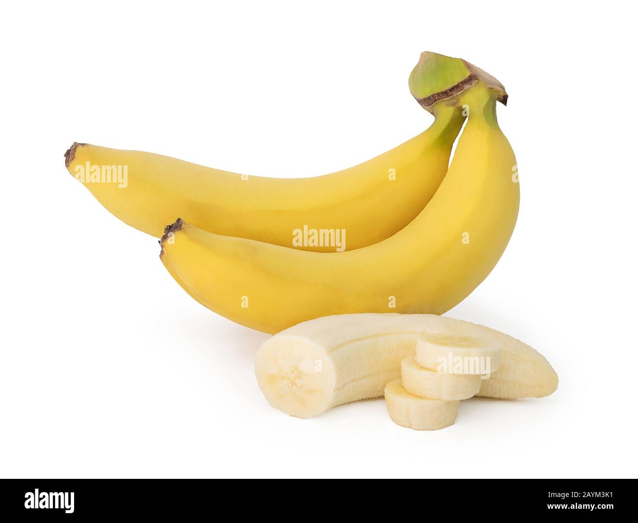 Bananen- und Bananenschnur, isoliert auf weißem Hintergrund mit Beschneidungspfad Stockfoto